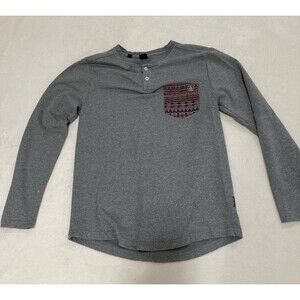 Men’s Volcom Henley Shirt Gray Size S Long Sleeved Breast Pocket Logo Buttons